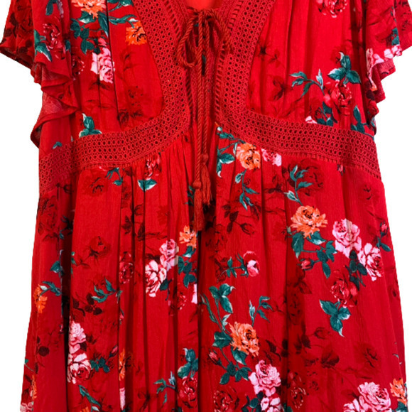TORRID‎ Red Floral Gauze Lace-Up Skater Dress - Picture 7 of 16